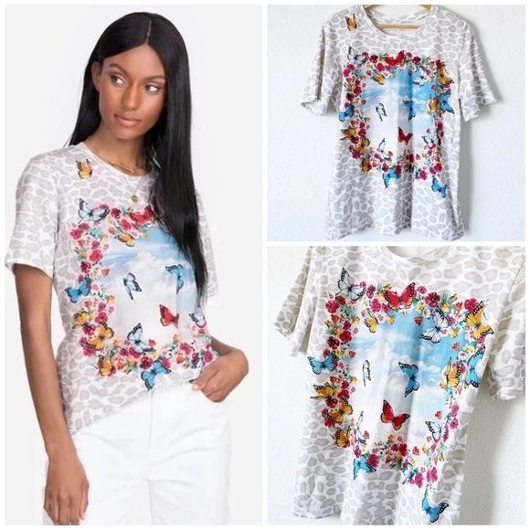 Johnny Was Tops - NWT! JOHNNY WAS Sunday Morning Tee Shirt Butterflies Floral Leopard Print